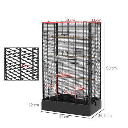 Bird Cage 61x36.5x98 cm Aviary with Doors Perches Removable Tray Food Boxes and Handles Cage for Budgies Parrots Finches Canaries Black