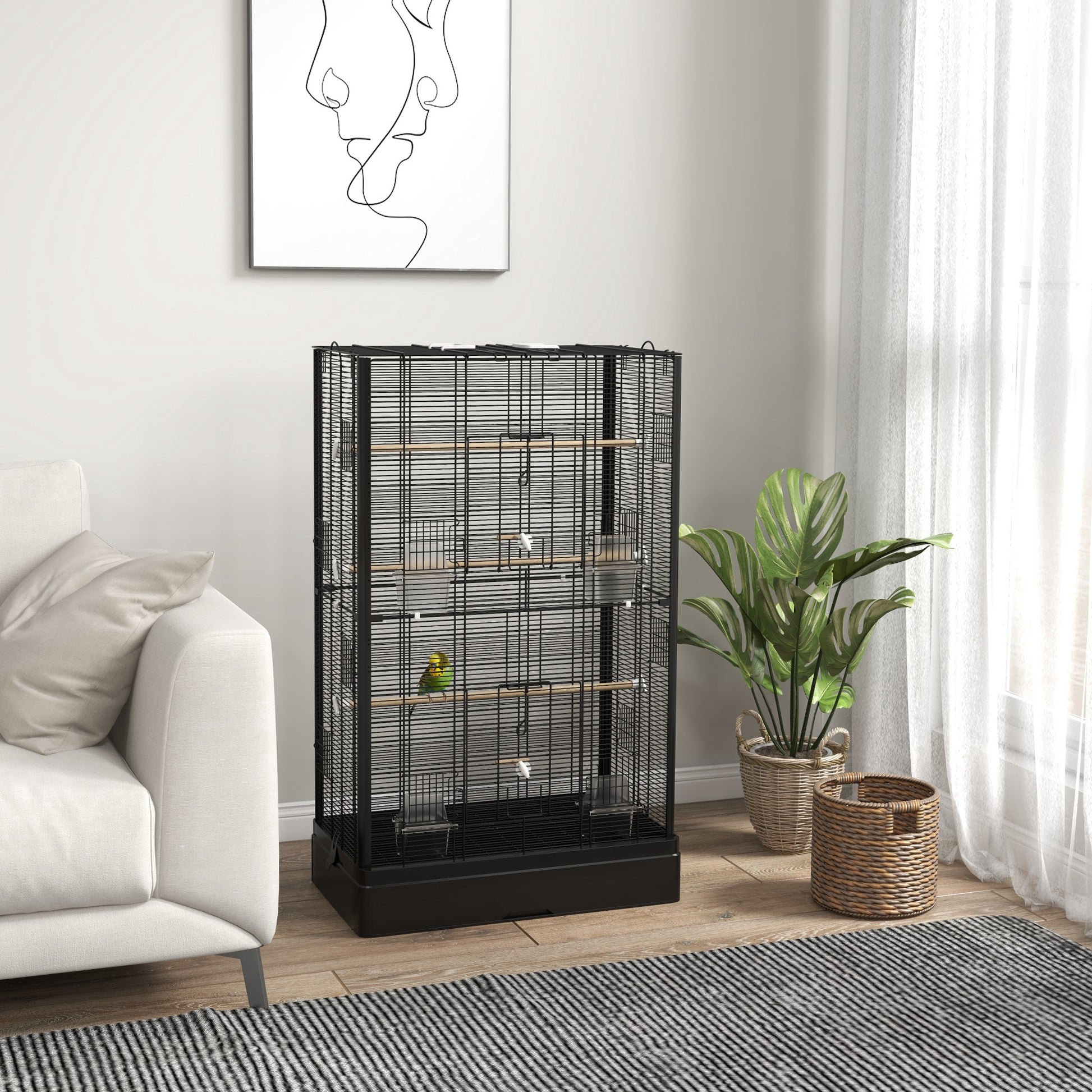 Bird Cage 61x36.5x98 cm Aviary with Doors Perches Removable Tray Food Boxes and Handles Cage for Budgies Parrots Finches Canaries Black