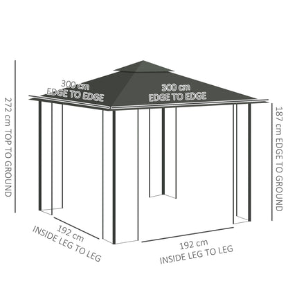 3 x 3 m Double-Roof Gazebo — Water-Repellent, Sturdy, Winter-Resistant Garden Gazebo with Mosquito Net, Steel Frame, Light Gray