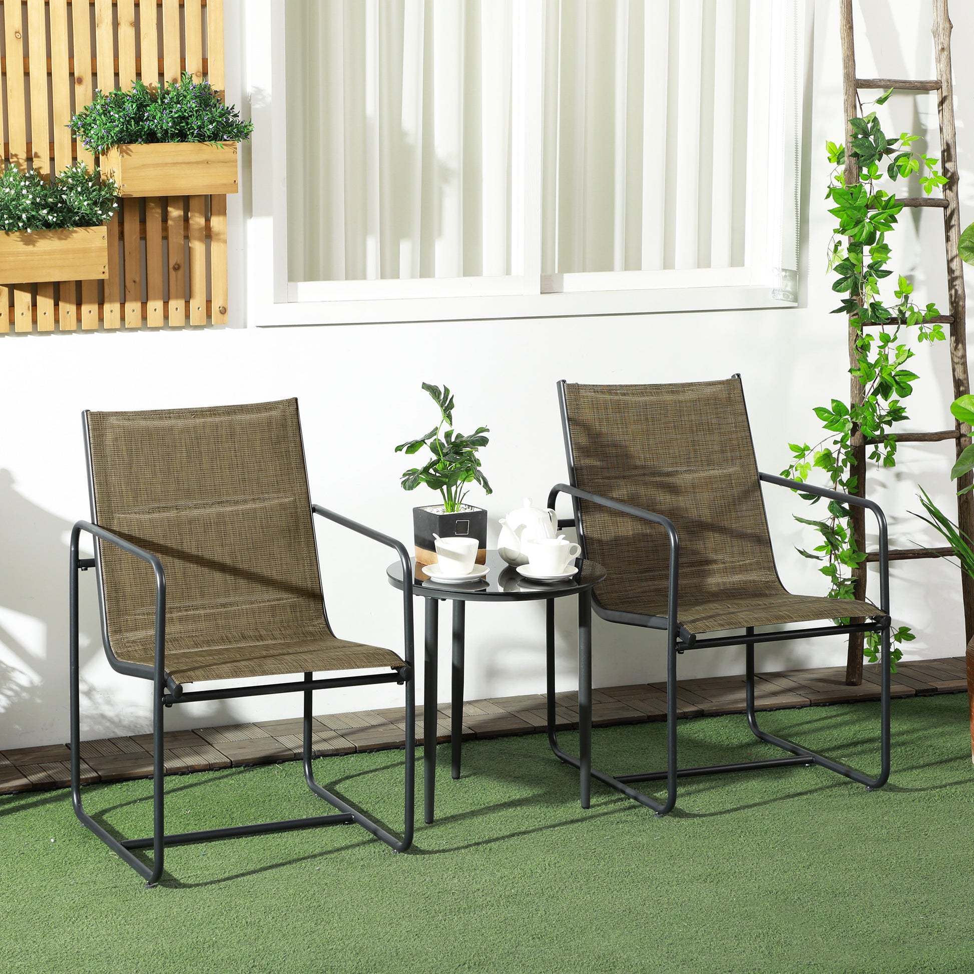 Garden Chairs Set of 2, Garden Armchair Set with Armrest, Patio Chair, Balcony Chair, Mesh, Steel, Brown, 54 x 66.5 x 88 cm