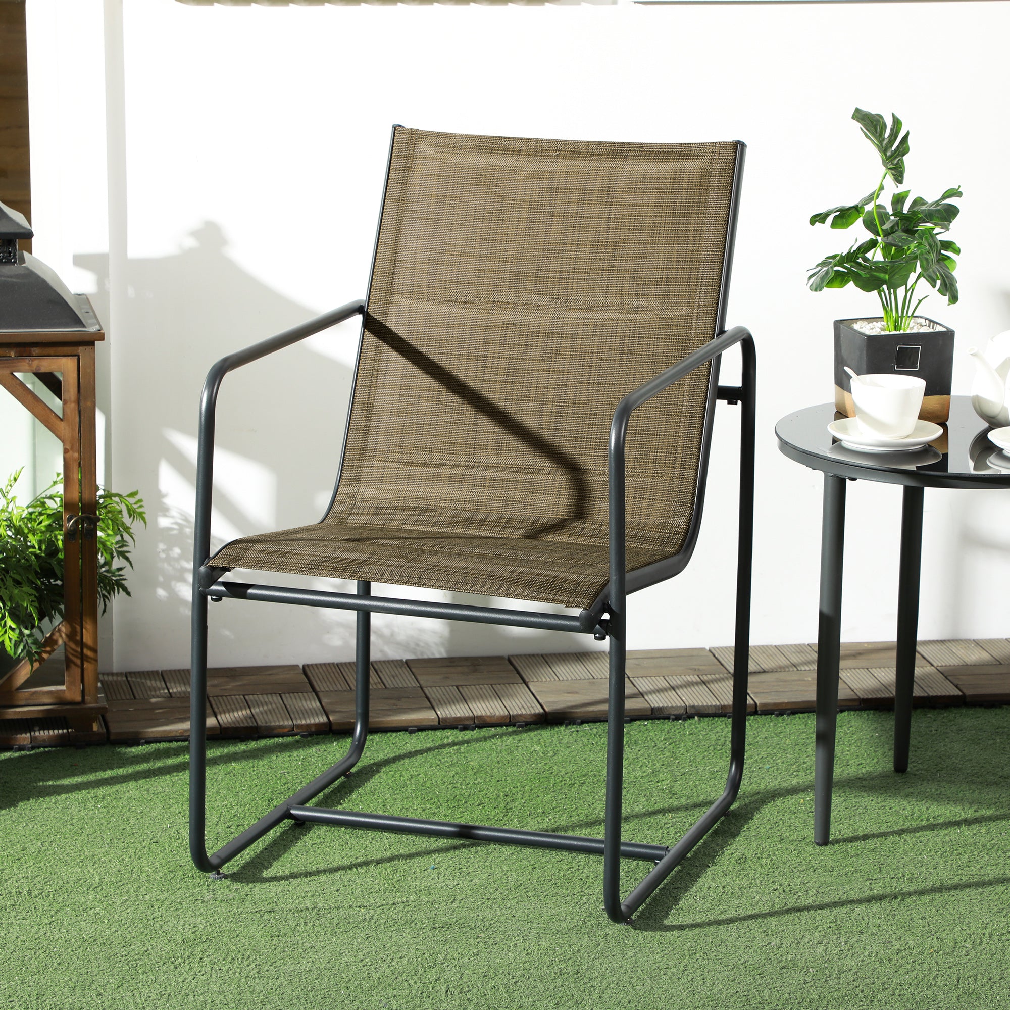 Garden Chairs Set of 2, Garden Armchair Set with Armrest, Patio Chair, Balcony Chair, Mesh, Steel, Brown, 54 x 66.5 x 88 cm