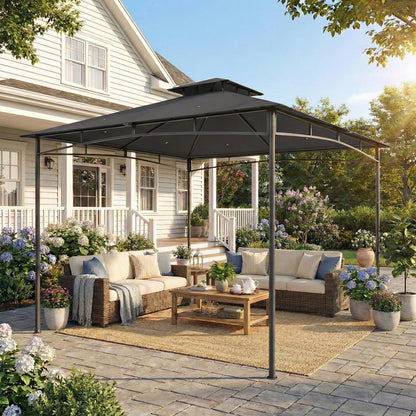 3 x 3 m Waterproof Garden Gazebo — Double Roof, Retractable Top Frame, UPF 50+, Powder-Coated Metal, Dark Gray