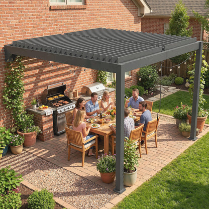 Approx. 3 x 3 m Aluminum Wall-Mounted Louvered Pergola — Adjustable Slatted Roof, Weatherproof, Stable Patio Canopy, Garden Pavilion, Dark Gray