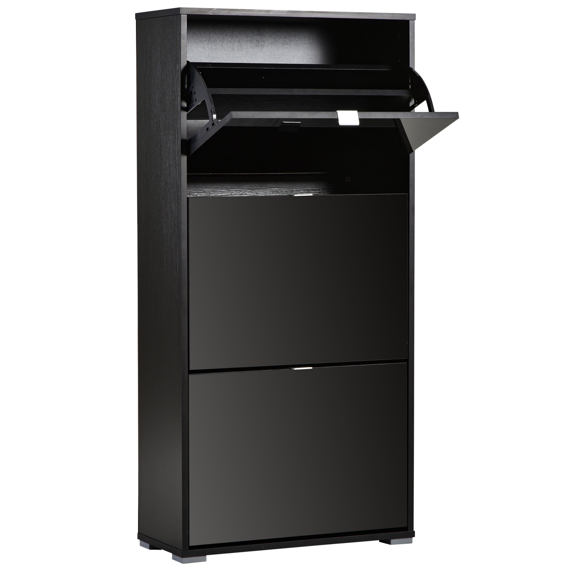 Shoe Cabinet Shoe Rack 3 Folding Doors 3 Compartments in Wood 60L x 26W x 124H cm Glossy Black