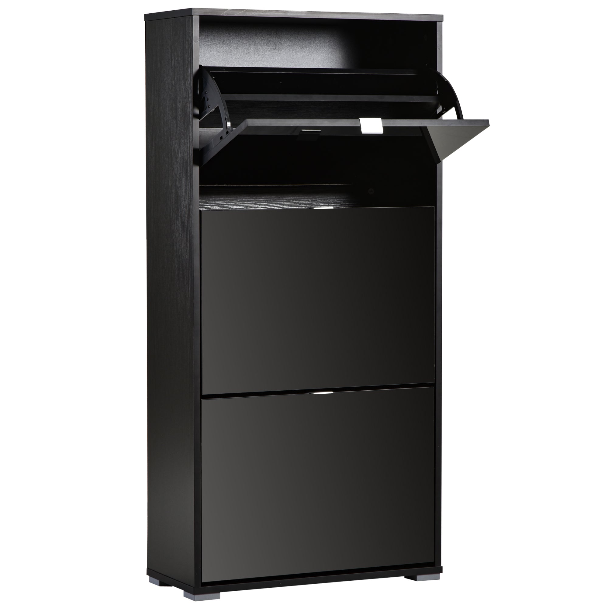 Shoe Cabinet Shoe Rack 3 Folding Doors 3 Compartments in Wood 60L x 26W x 124H cm Glossy Black