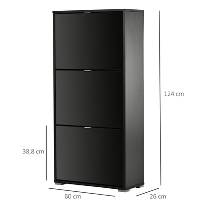 Shoe Cabinet Shoe Rack 3 Folding Doors 3 Compartments in Wood 60L x 26W x 124H cm Glossy Black