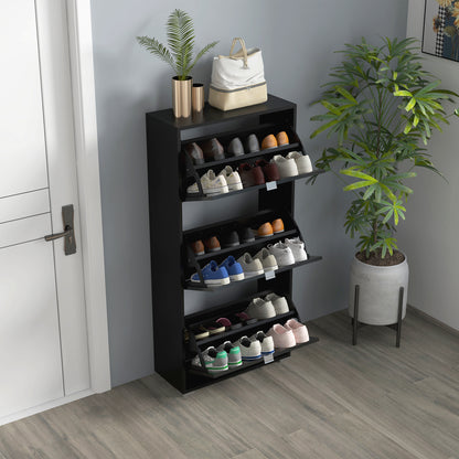 Shoe Cabinet Shoe Rack 3 Folding Doors 3 Compartments in Wood 60L x 26W x 124H cm Glossy Black