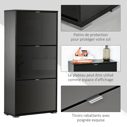 Shoe Cabinet Shoe Rack 3 Folding Doors 3 Compartments in Wood 60L x 26W x 124H cm Glossy Black