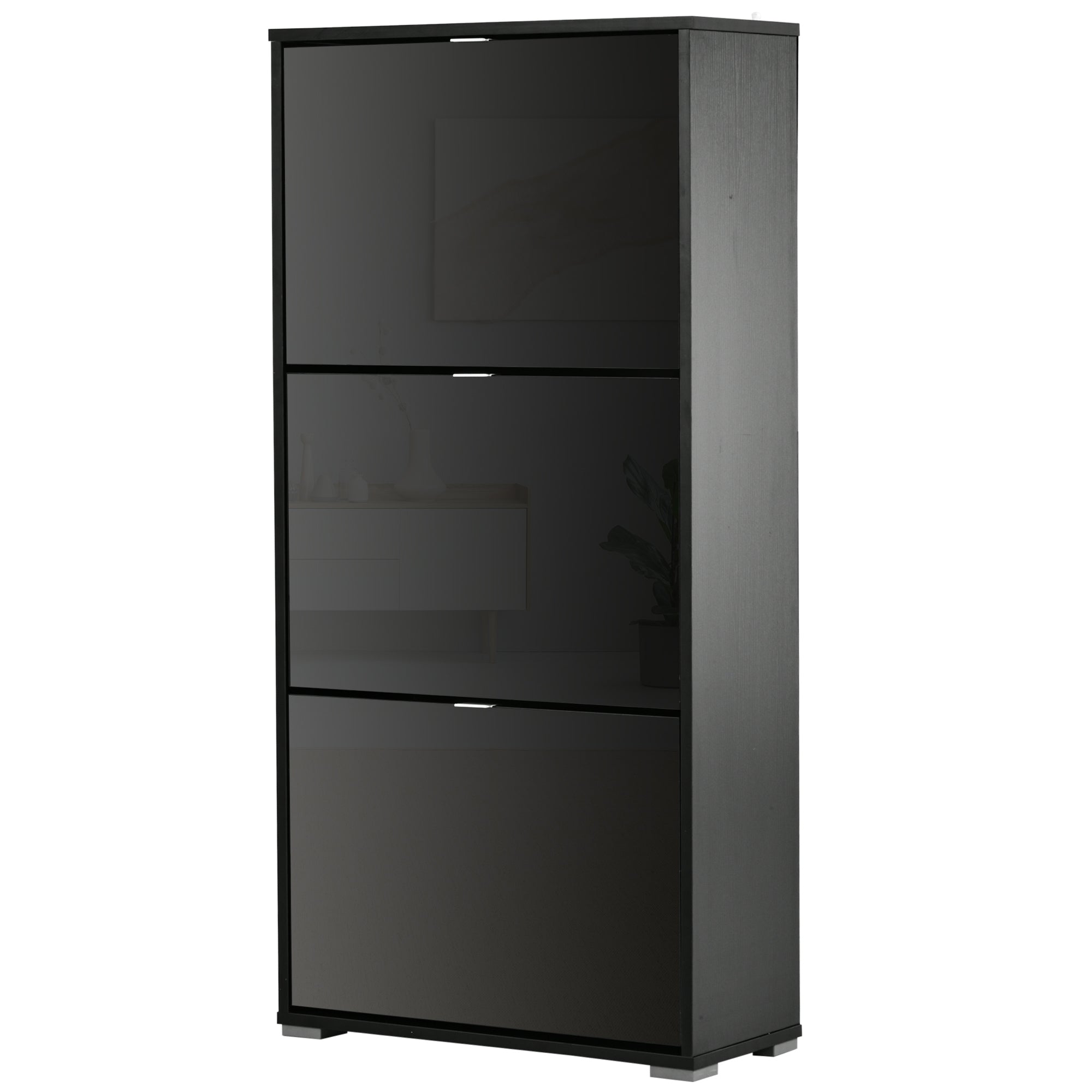 Shoe Cabinet Shoe Rack 3 Folding Doors 3 Compartments in Wood 60L x 26W x 124H cm Glossy Black