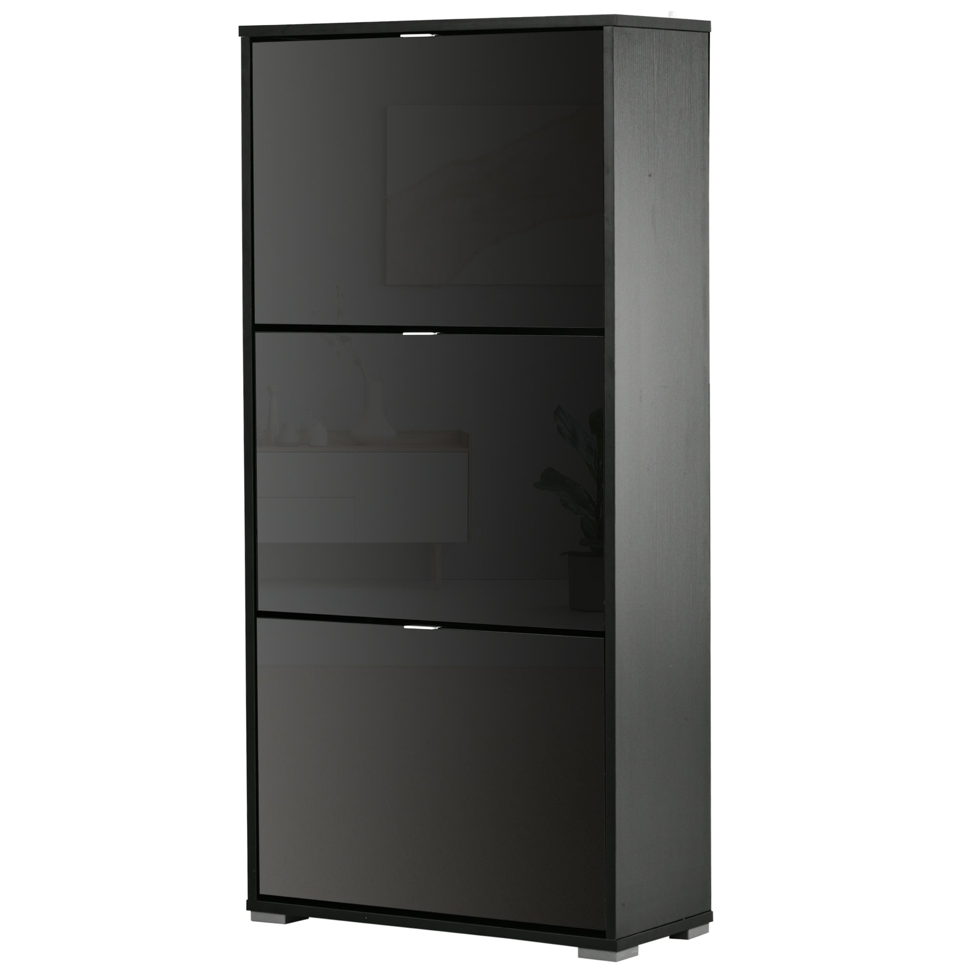 Shoe Cabinet Shoe Rack 3 Folding Doors 3 Compartments in Wood 60L x 26W x 124H cm Glossy Black