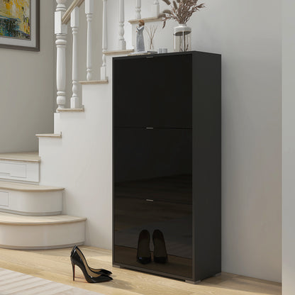 Shoe Cabinet Shoe Rack 3 Folding Doors 3 Compartments in Wood 60L x 26W x 124H cm Glossy Black