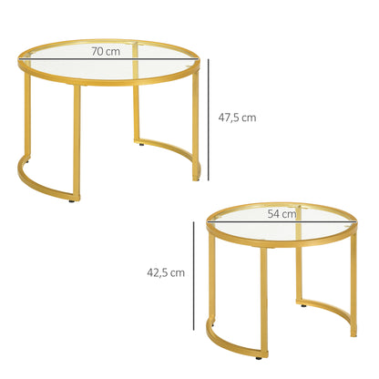 Set of 2 modern round nested coffee tables 70/54 cm tempered glass top and golden carbon steel base