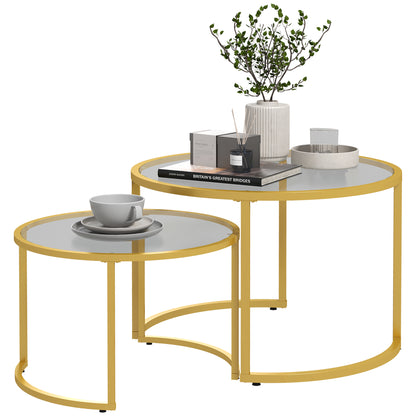 Set of 2 modern round nested coffee tables 70/54 cm tempered glass top and golden carbon steel base