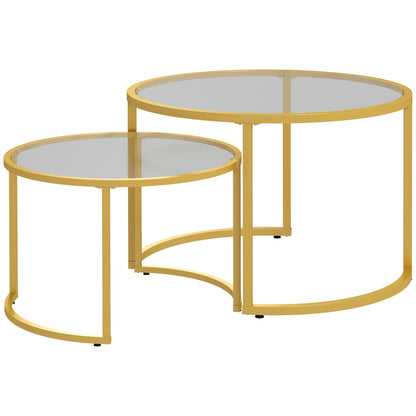Set of 2 modern round nested coffee tables 70/54 cm tempered glass top and golden carbon steel base