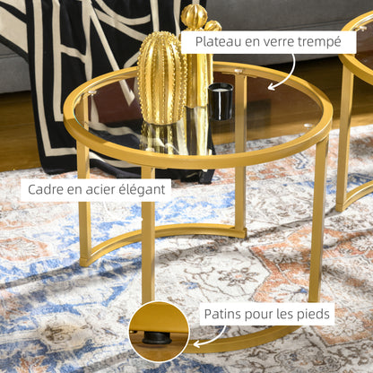 Set of 2 modern round nested coffee tables 70/54 cm tempered glass top and golden carbon steel base