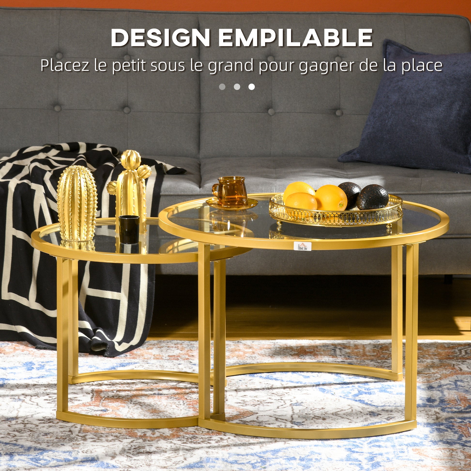 Set of 2 modern round nested coffee tables 70/54 cm tempered glass top and golden carbon steel base