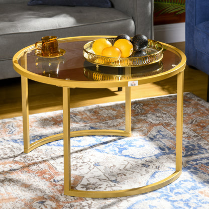 Set of 2 modern round nested coffee tables 70/54 cm tempered glass top and golden carbon steel base