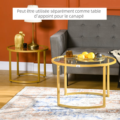 Set of 2 modern round nested coffee tables 70/54 cm tempered glass top and golden carbon steel base