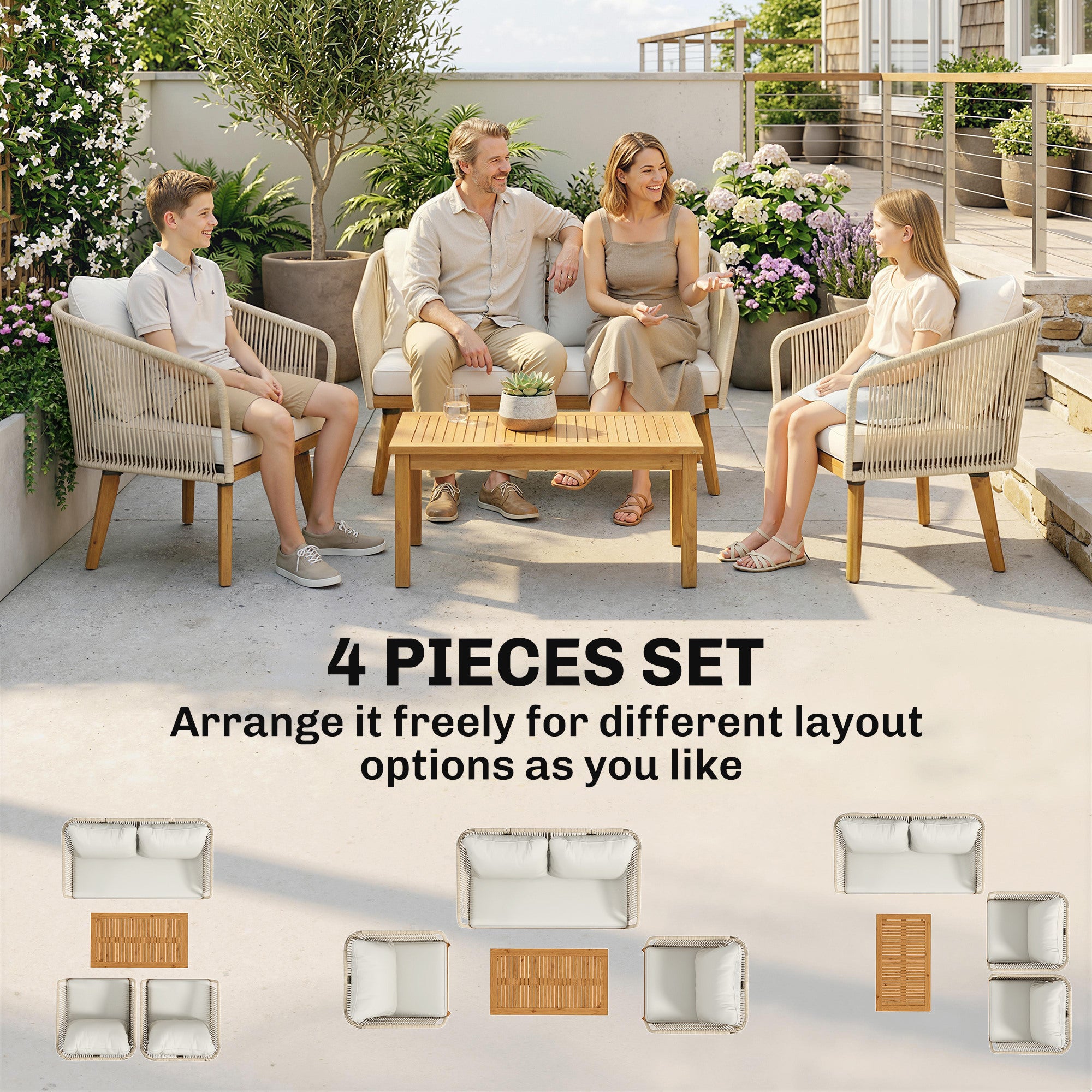 4-Piece Rattan Patio Lounge Set — 2-Seater Sofa, 2 Armchairs & Acacia Slatted Coffee Table with Thick Washable Cushions, Cream White