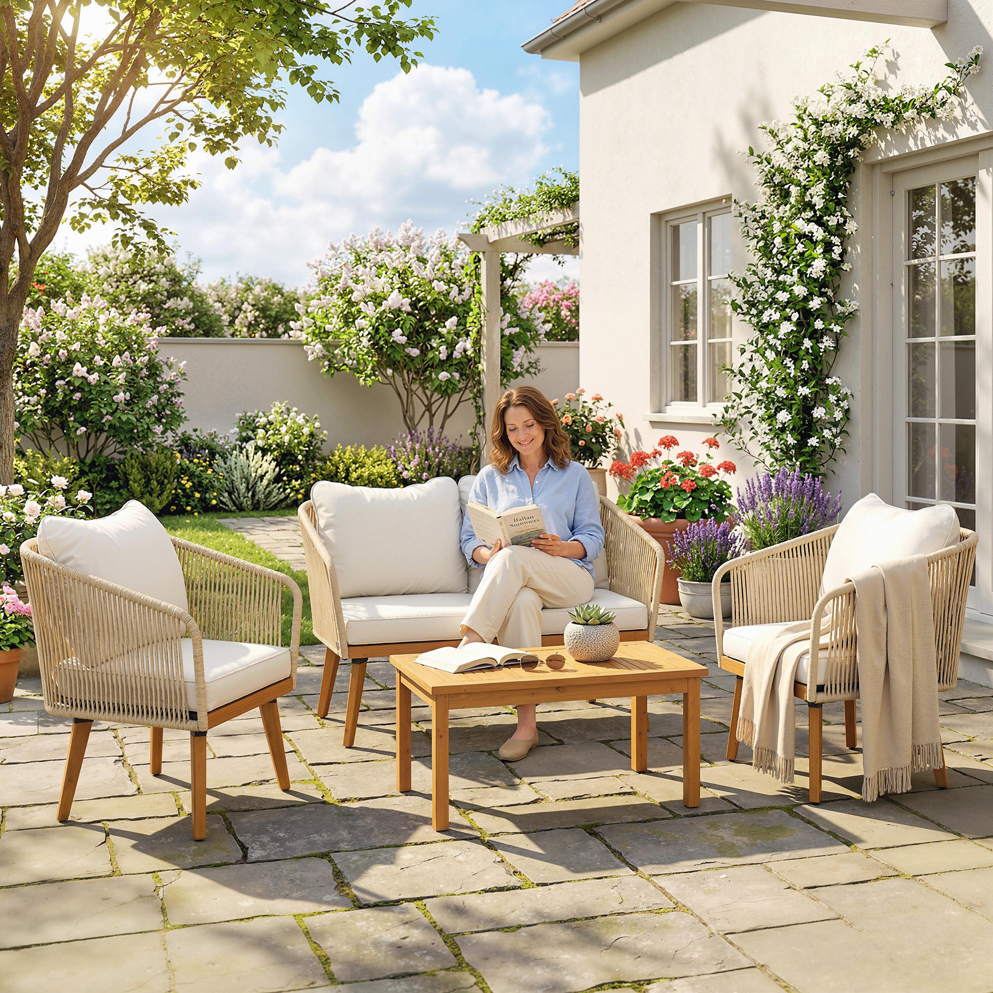 4-Piece Rattan Patio Lounge Set — 2-Seater Sofa, 2 Armchairs & Acacia Slatted Coffee Table with Thick Washable Cushions, Cream White