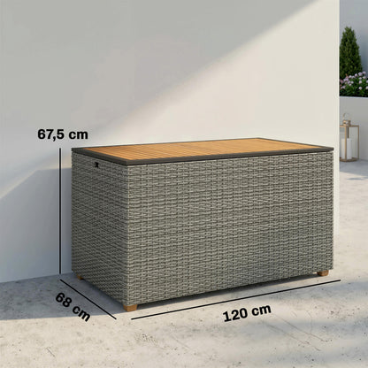 2-in-1 Outdoor Rattan Storage Box 450 L — Waterproof Cushion Box with FSC Acacia Wood Lid, Gas Strut, Lined Interior, UV & Weather Resistant, Dark Gray