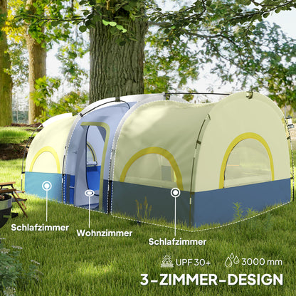 Tunnel Tent, Camping Tent for 6 People with 3 Rooms, UV Protection, Mesh Windows, Windproof Family Tent with Carry Bag, 3000mm Water Resistant Group Tent for Garden, Camping, Blue