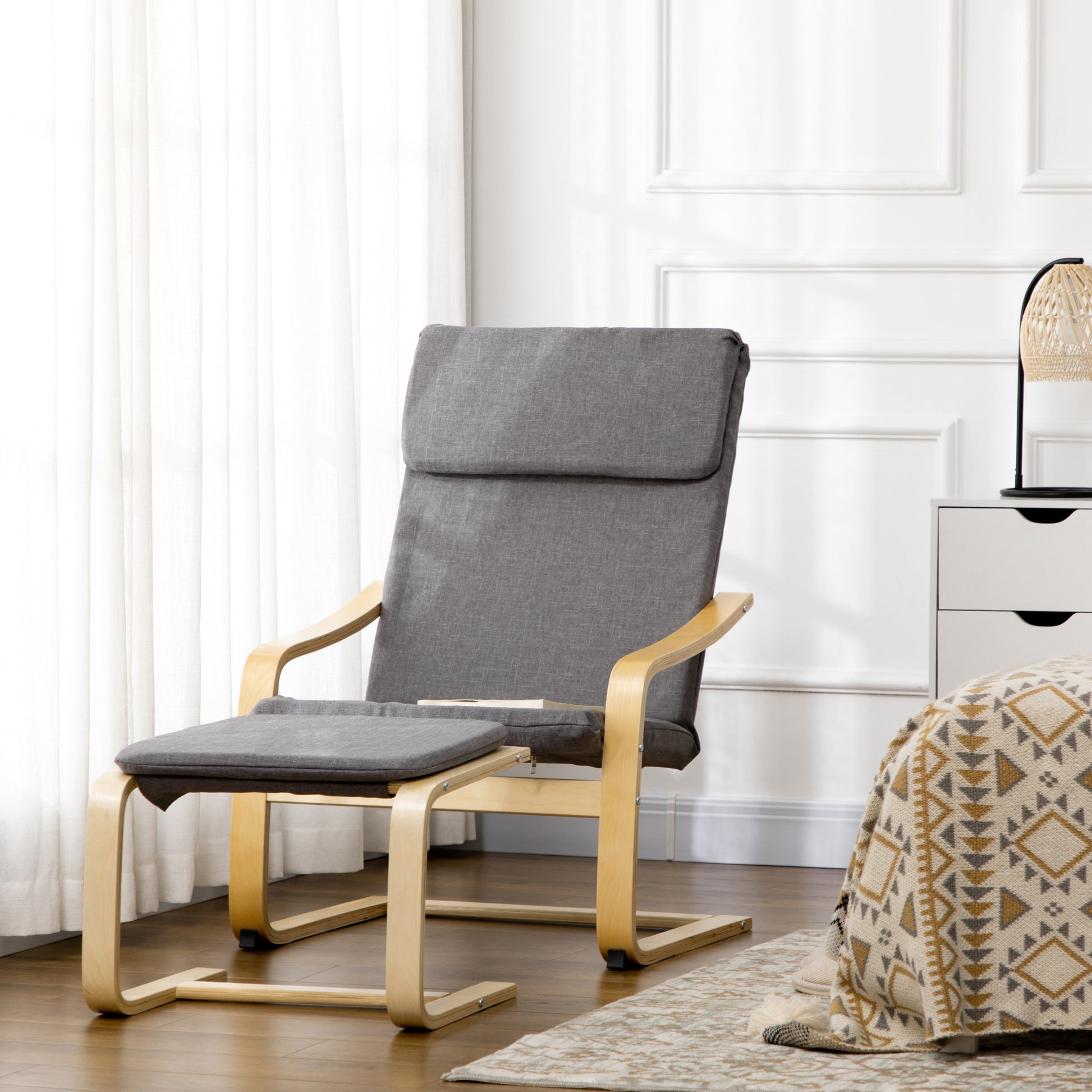 Recliner with Footstool, Lounge Chair with Ottoman, Reading Chair, Recliner with Armrest, Rocking Chair, Relaxing Chair with Linen Cover for Living Room, Balcony, Hallway, Gray 66.5 x 80 x 99 cm