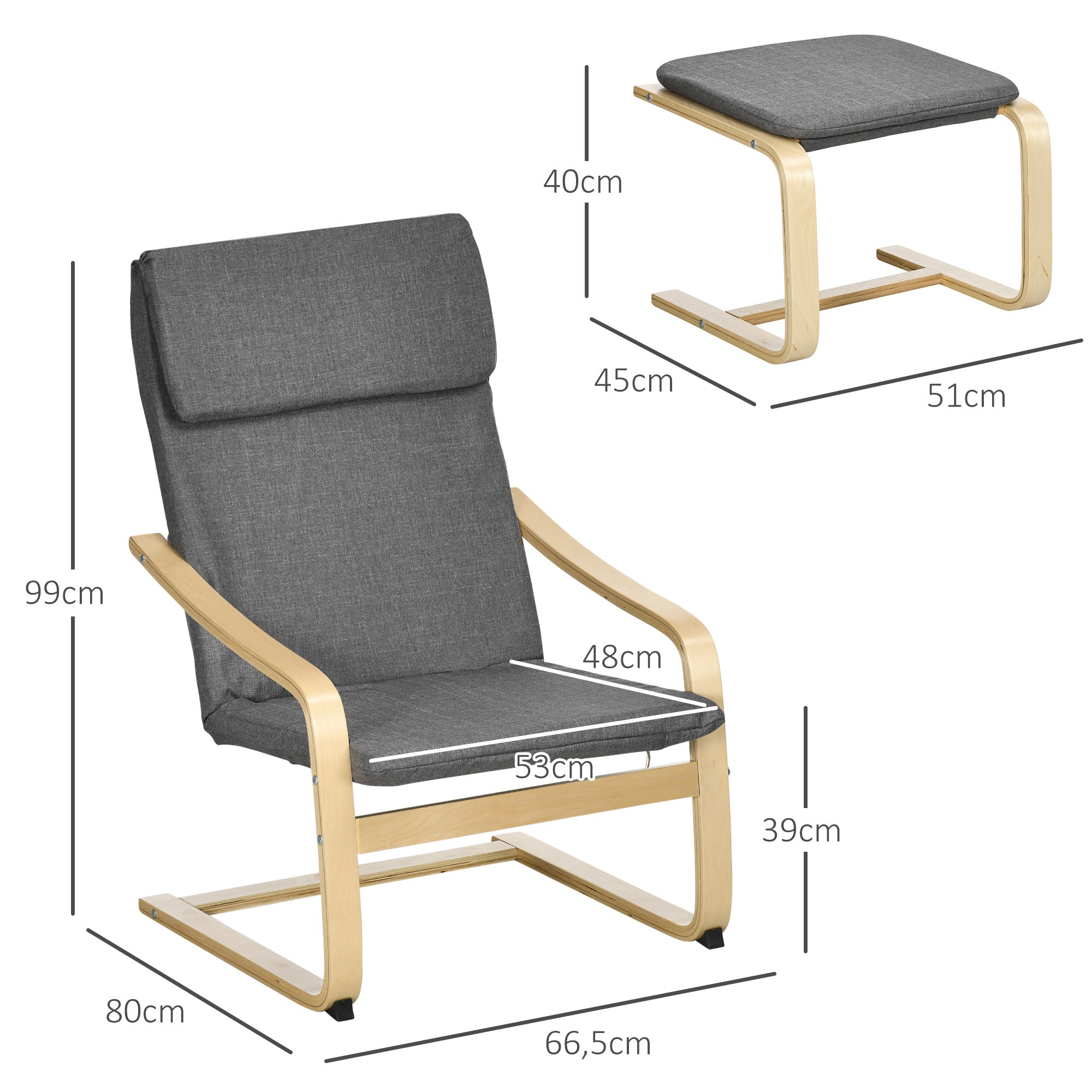 Recliner with Footstool, Lounge Chair with Ottoman, Reading Chair, Recliner with Armrest, Rocking Chair, Relaxing Chair with Linen Cover for Living Room, Balcony, Hallway, Gray 66.5 x 80 x 99 cm
