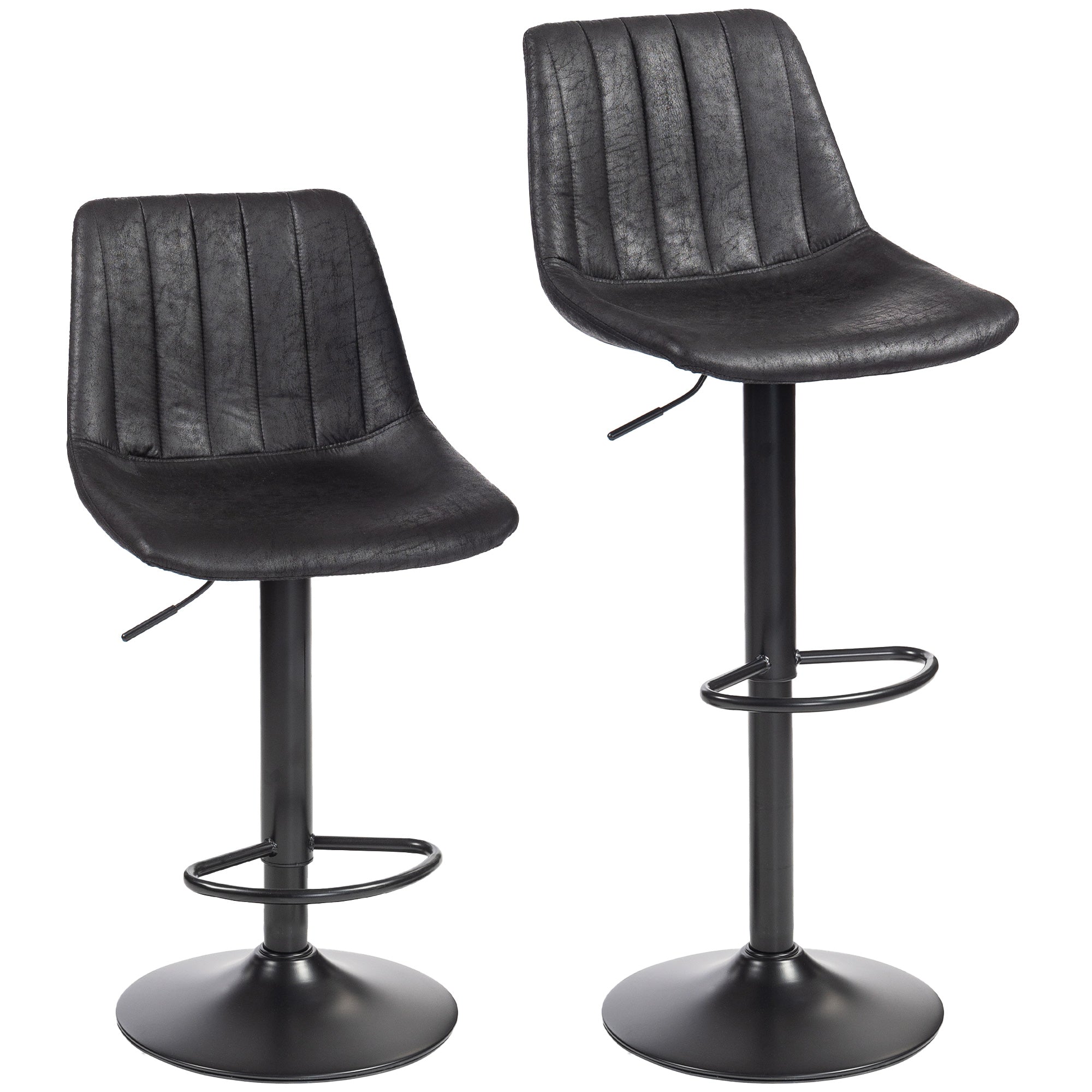 Bar Stools 2-Pack, Padded Metal Frame Bar Chairs with Backrest, Height-Adjustable Kitchen Stools with Footrest, 360° Swivel, Counter Stools for Kitchen, Living Room, Dining Room, Microfiber Black