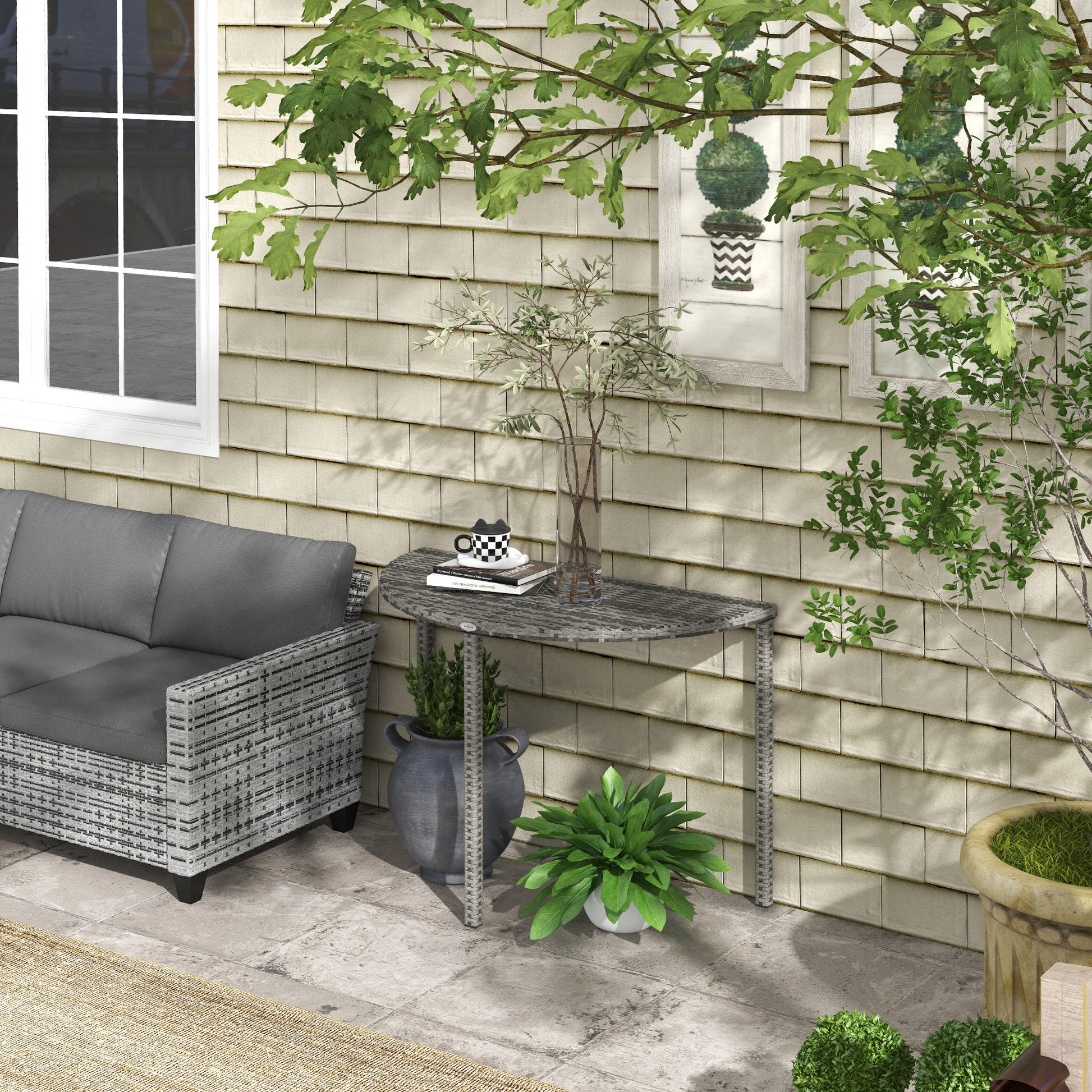 Balcony Table Garden Side Table Table Outdoor Furniture semicircular Rattan Metal Grey 100 x 50 x 74 cm
