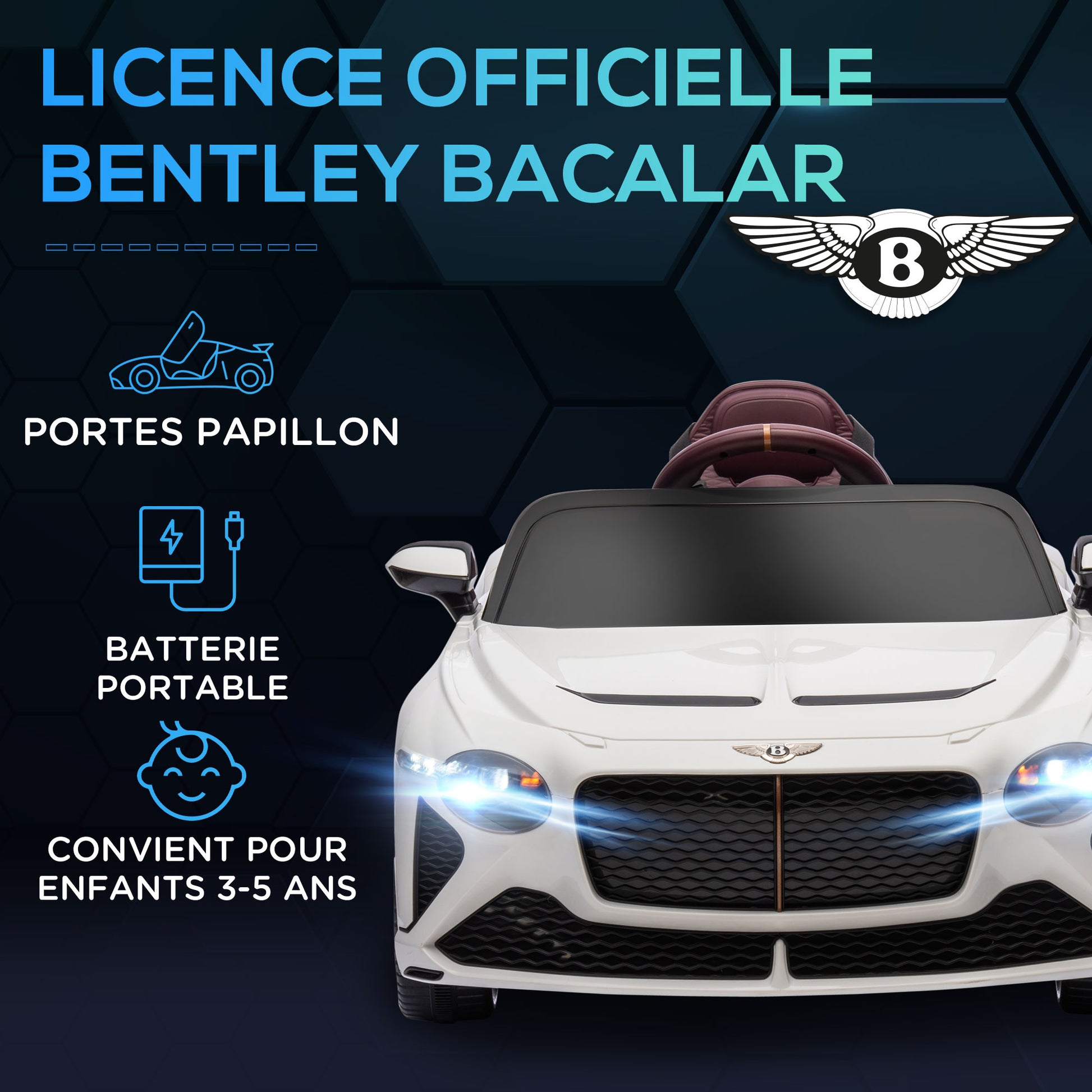 Kids Electric Car -  - Bentley Bacalar - 2 motors 12V 25W - 2.4G remote control - MP3 - horn - 2 headlights - white