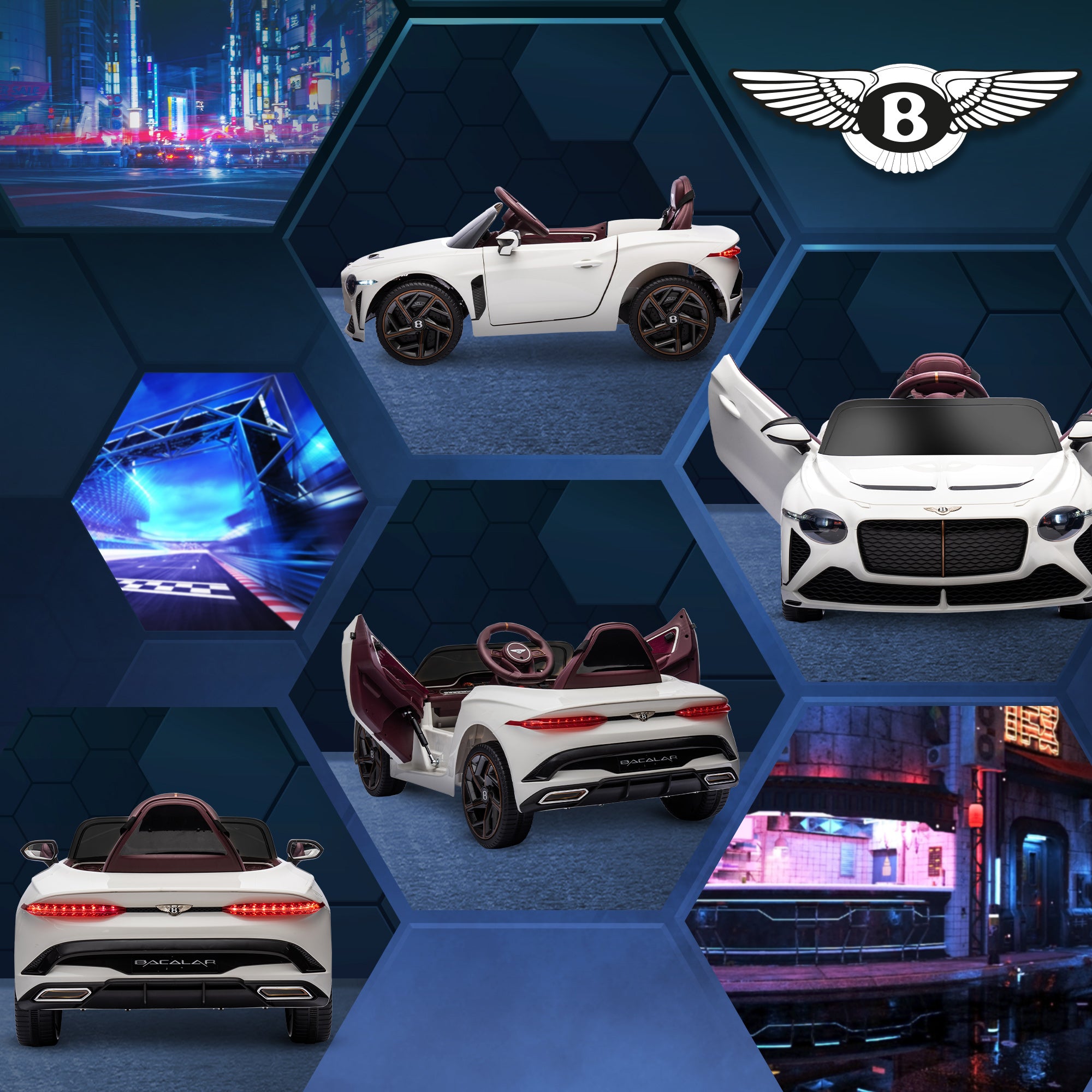 Kids Electric Car -  - Bentley Bacalar - 2 motors 12V 25W - 2.4G remote control - MP3 - horn - 2 headlights - white