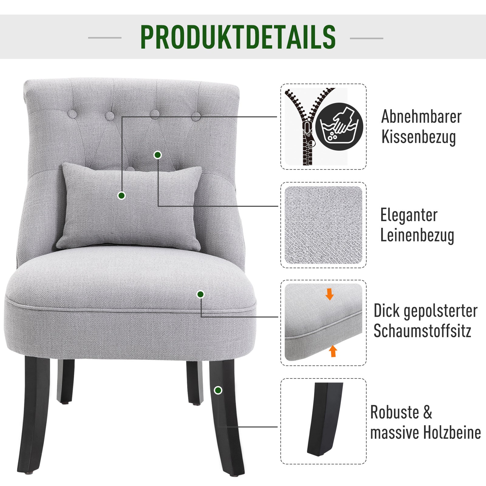 Armchair Living Room Relax Armchair Lounge Armchair with Back Pillow, Wooden Legs, Reading Armchair with Linen Look, Upholstered Armchair for Bedroom, Gray
