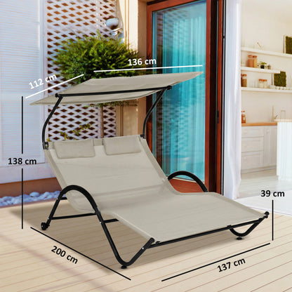 2-Person Sun Lounger with Adjustable Canopy, Headrests & Wheels — Steel/Polyester, Cream — 200 x 137 x 138 cm (78.7 x 53.9 x 54.3 in)