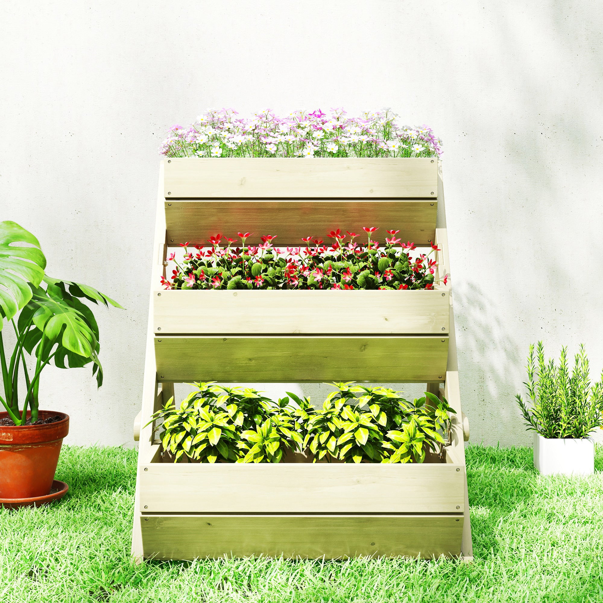 Vertical 3-Tier Wooden Raised Planter Box with 3 Planting Tubs, Drainage Holes – Flower & Herb Staircase for Terrace, Balcony, Garden, 25.6 x 29.5 x 29.9 in, Green