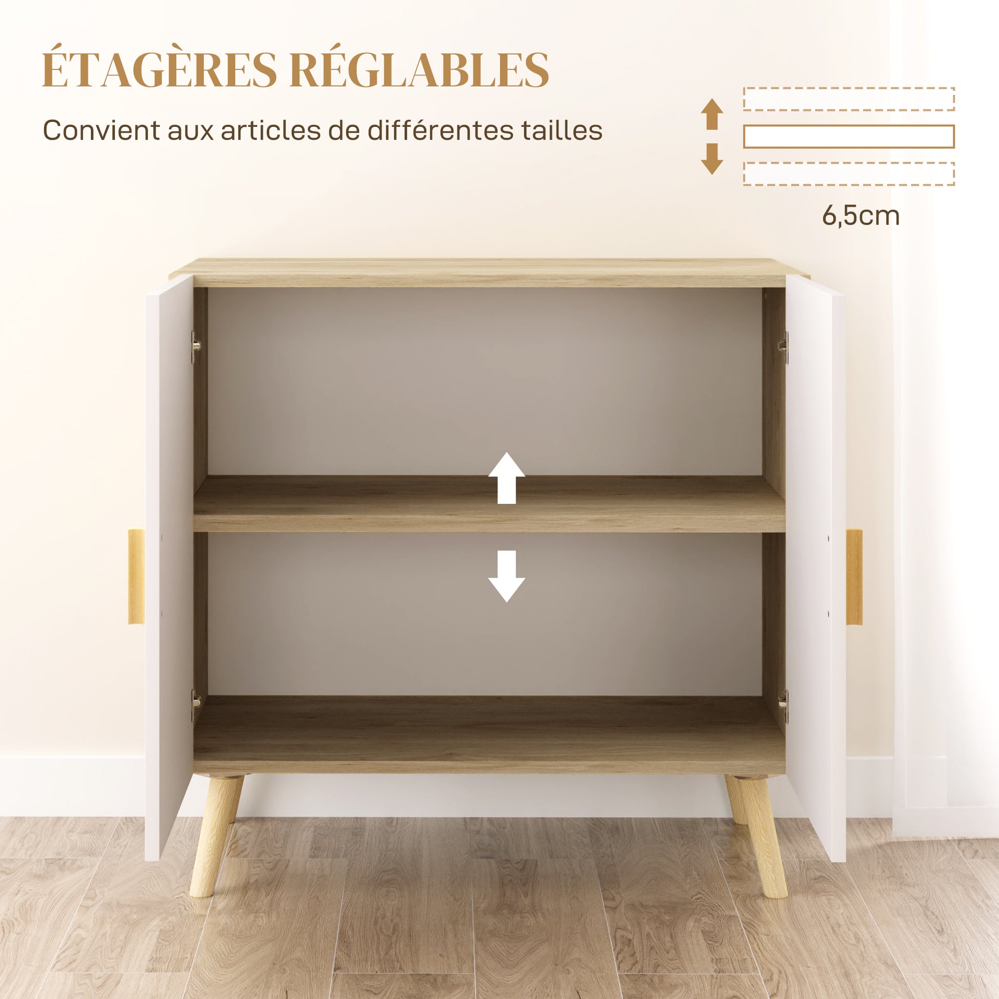 Buffet, storage cabinet, with bamboo handles, adjustable shelf, raised base, for living room kitchen dining room, 76 x 41.2 x 74 cm white and natural wood