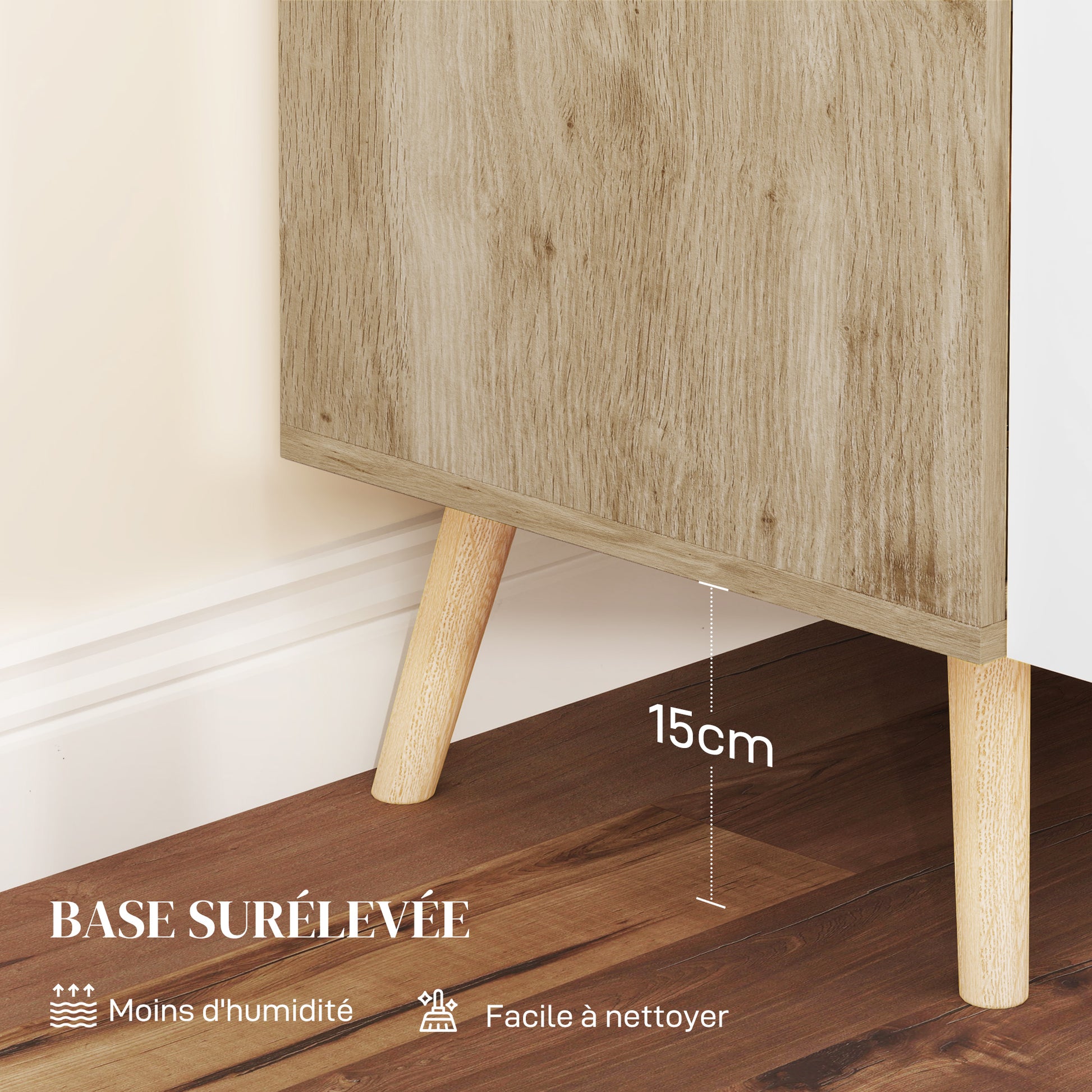 Buffet, storage cabinet, with bamboo handles, adjustable shelf, raised base, for living room kitchen dining room, 76 x 41.2 x 74 cm white and natural wood