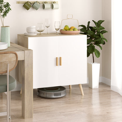 Buffet, storage cabinet, with bamboo handles, adjustable shelf, raised base, for living room kitchen dining room, 76 x 41.2 x 74 cm white and natural wood