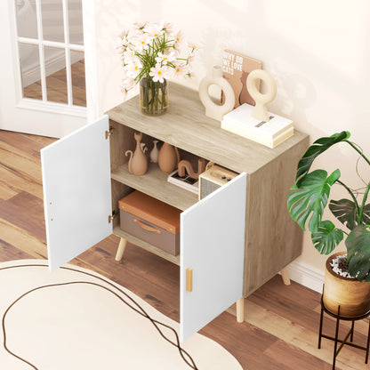 Buffet, storage cabinet, with bamboo handles, adjustable shelf, raised base, for living room kitchen dining room, 76 x 41.2 x 74 cm white and natural wood