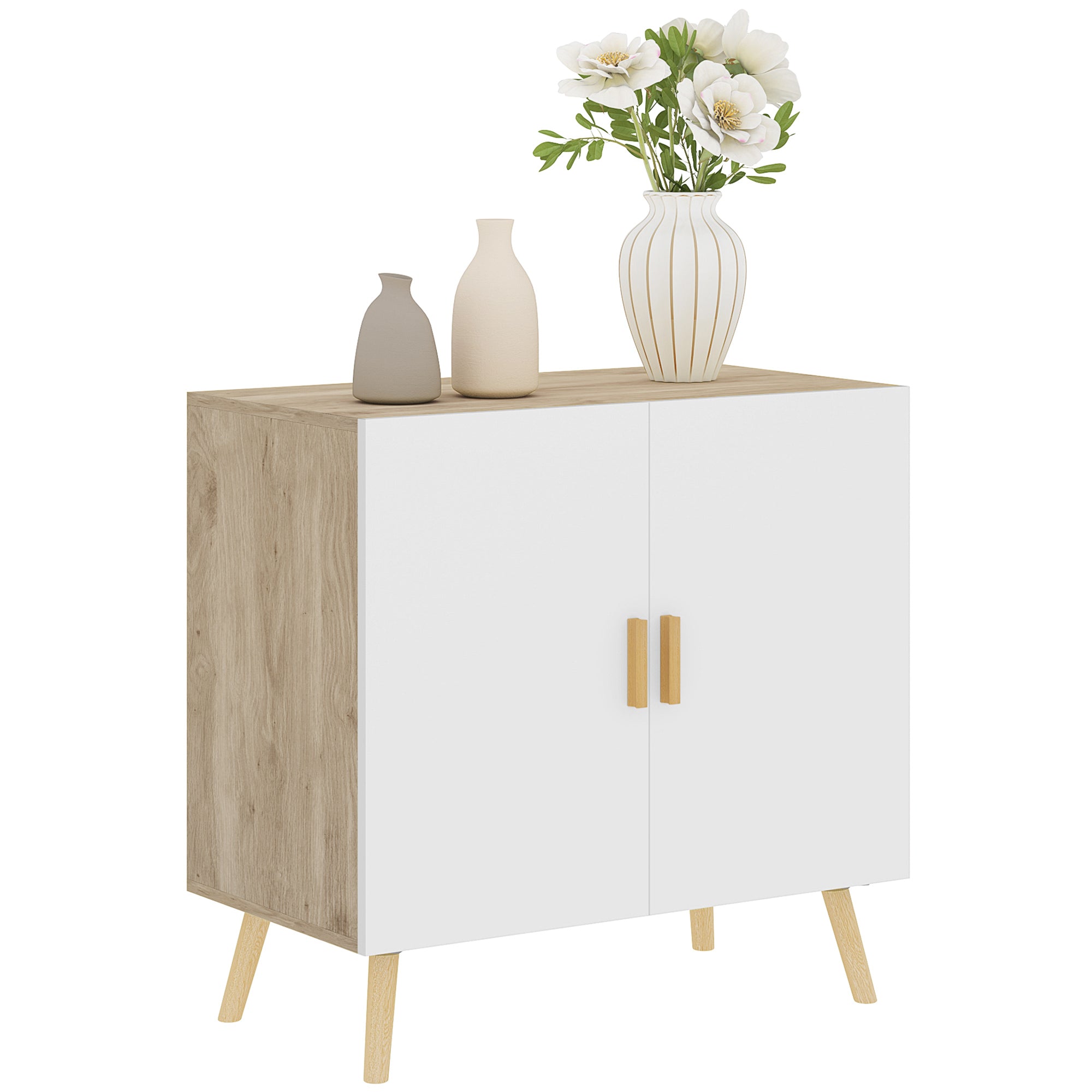 Buffet, storage cabinet, with bamboo handles, adjustable shelf, raised base, for living room kitchen dining room, 76 x 41.2 x 74 cm white and natural wood