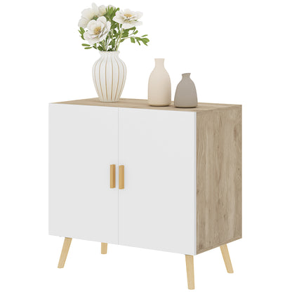 Buffet, storage cabinet, with bamboo handles, adjustable shelf, raised base, for living room kitchen dining room, 76 x 41.2 x 74 cm white and natural wood
