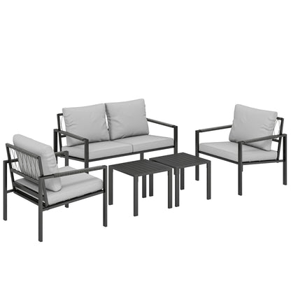 5-Piece Weather-Resistant Patio Set for 4 — 2-Seater Sofa, 2 Armchairs with Cushions, 2 Side Tables, Light Gray