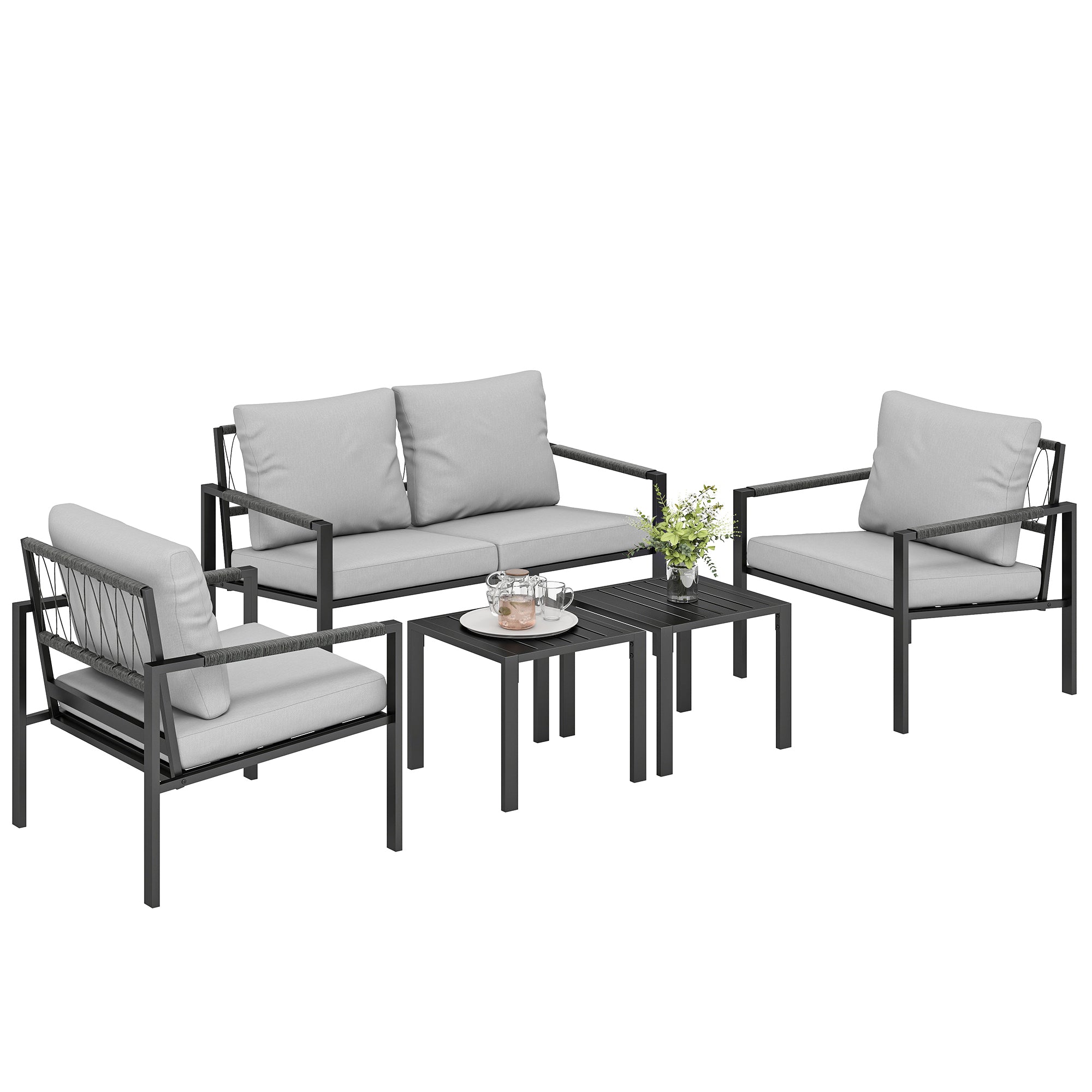 5-Piece Weather-Resistant Patio Set for 4 — 2-Seater Sofa, 2 Armchairs with Cushions, 2 Side Tables, Light Gray