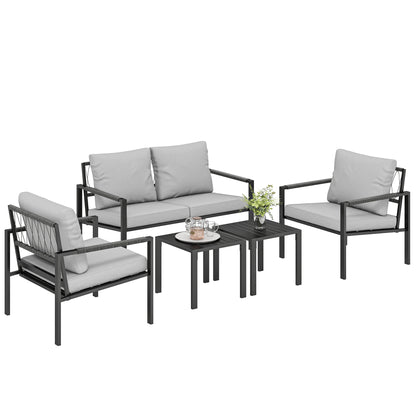 5-Piece Weather-Resistant Patio Set for 4 — 2-Seater Sofa, 2 Armchairs with Cushions, 2 Side Tables, Light Gray
