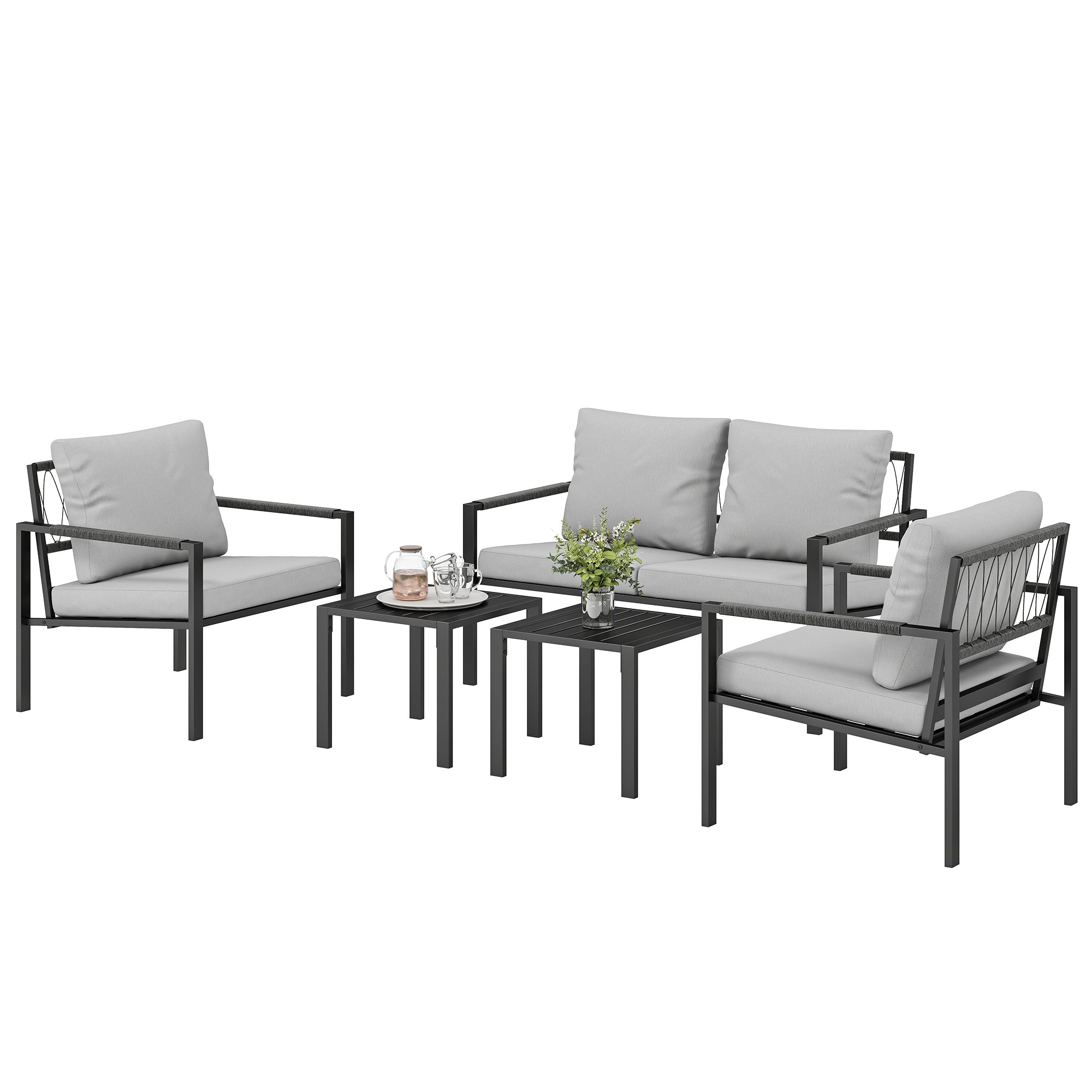 5-Piece Weather-Resistant Patio Set for 4 — 2-Seater Sofa, 2 Armchairs with Cushions, 2 Side Tables, Light Gray