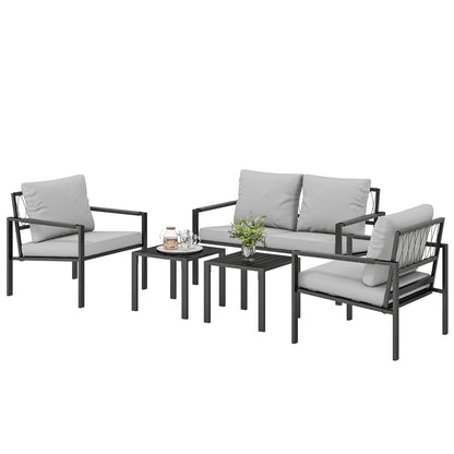 5-Piece Weather-Resistant Patio Set for 4 — 2-Seater Sofa, 2 Armchairs with Cushions, 2 Side Tables, Light Gray