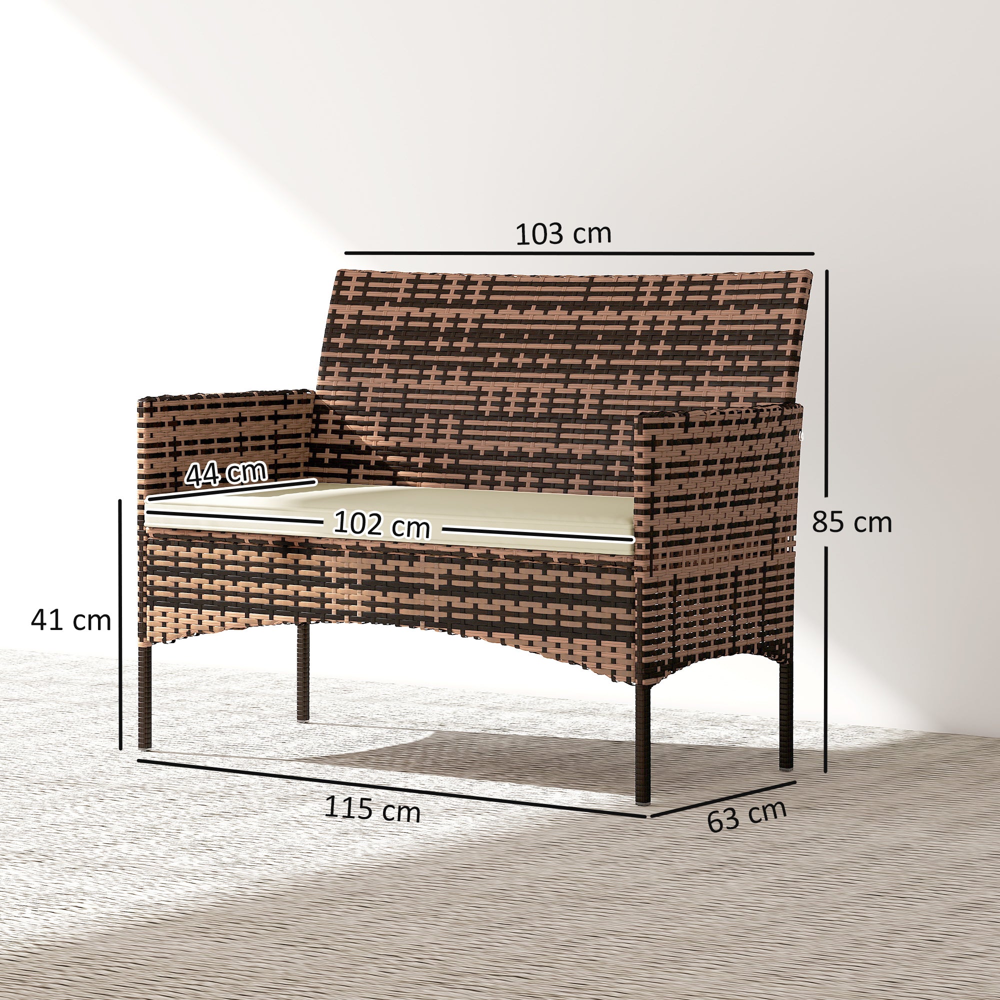2‑Seater Rattan Garden Sofa with Cushions — Weather‑Resistant Outdoor Couch for Patio, Balcony, Khaki