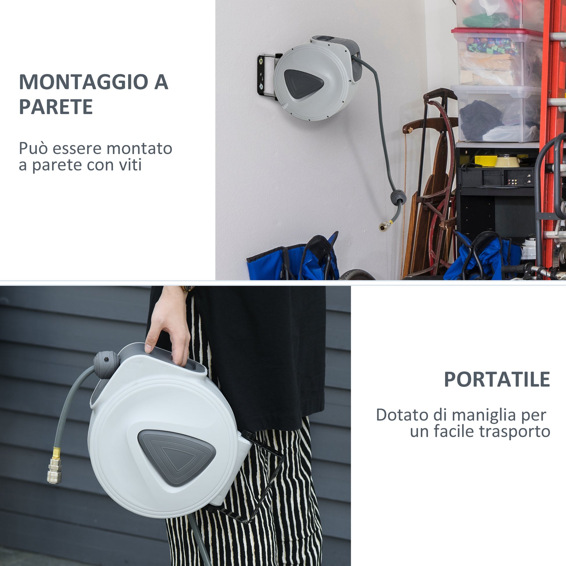 Automatic Hose Reel 20m + 194cm with Φ1/4'' Connection, Wall Mountable and 180° Rotatable, Grey