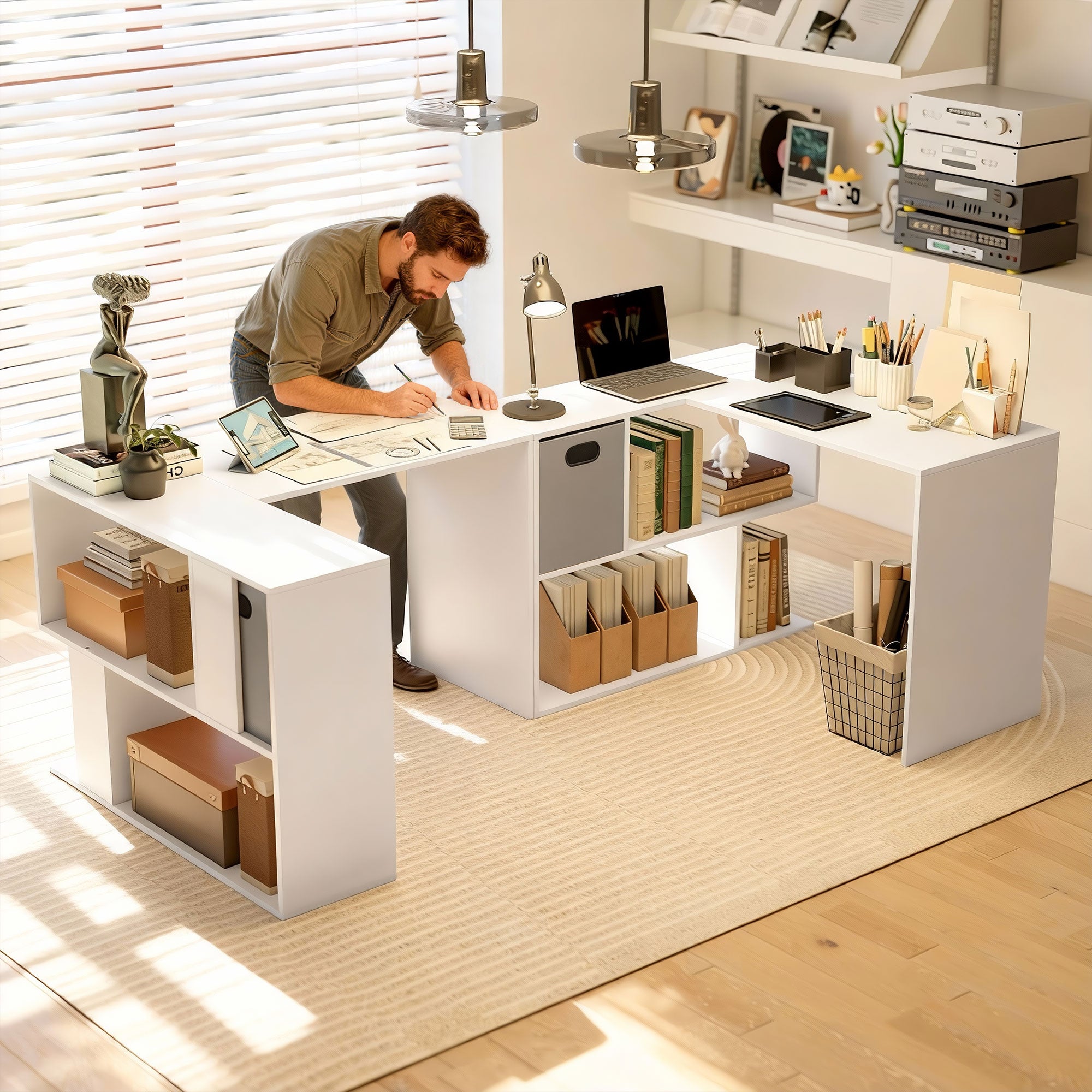 L-Shaped Corner Desk, 43.3 x 39.4 x 29.5 in — Computer Desk with Fabric Drawer & Open Shelves, White