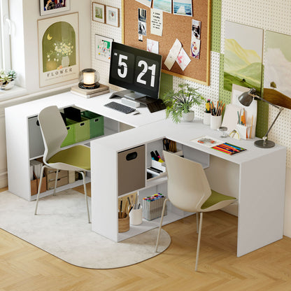 L-Shaped Corner Desk, 43.3 x 39.4 x 29.5 in — Computer Desk with Fabric Drawer & Open Shelves, White